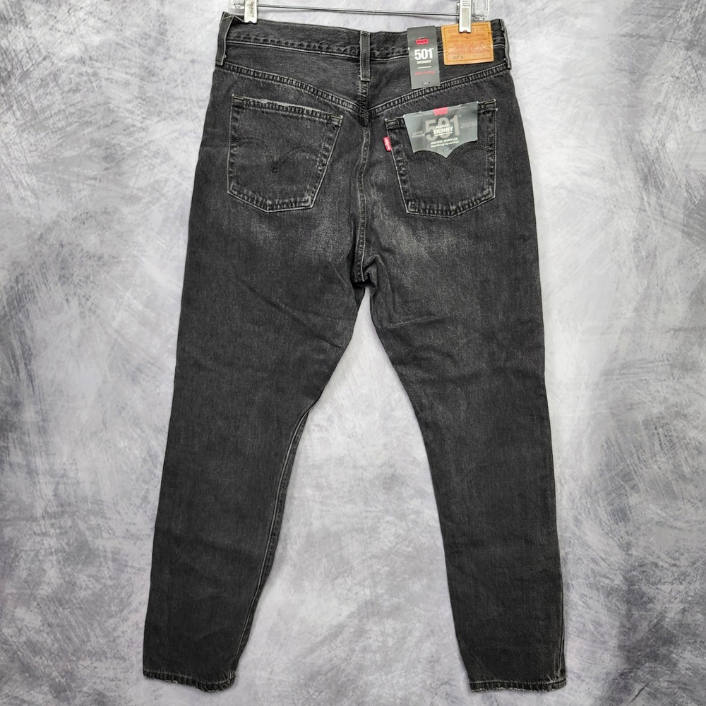 NWT Levis Premium 501 Skinny Jeans 29x28 Black Stick Washed Distressed High Rise